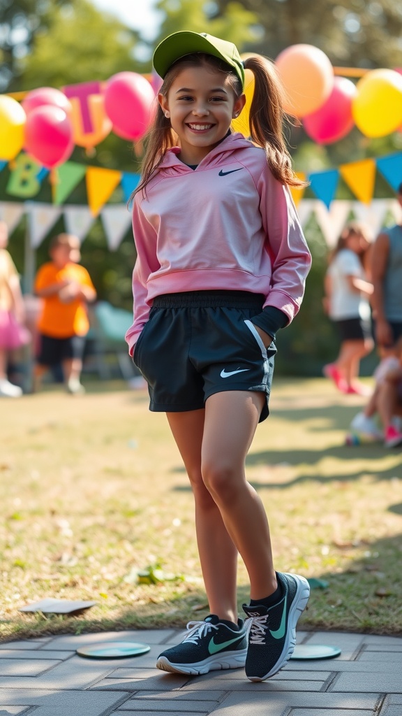 A young girl in a sporty outfit with a pink hoodie, black shorts, and green cap, smiling at a birthday party.
