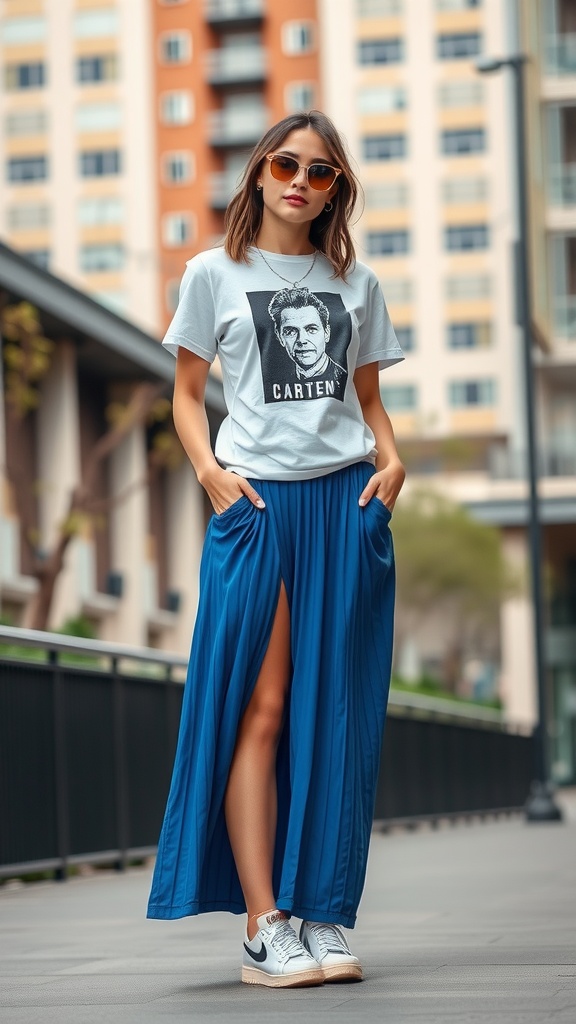 A woman in a gray graphic tee and blue maxi skirt, wearing sneakers while posing outdoors.
