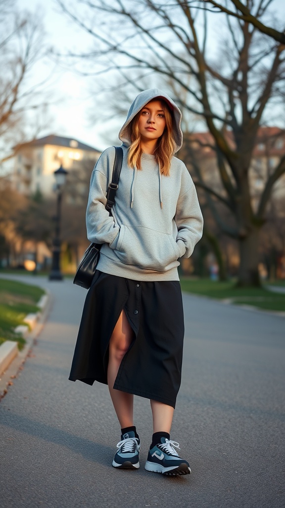 A person in a grey hooded sweatshirt and black midi skirt, standing outdoors on a path.