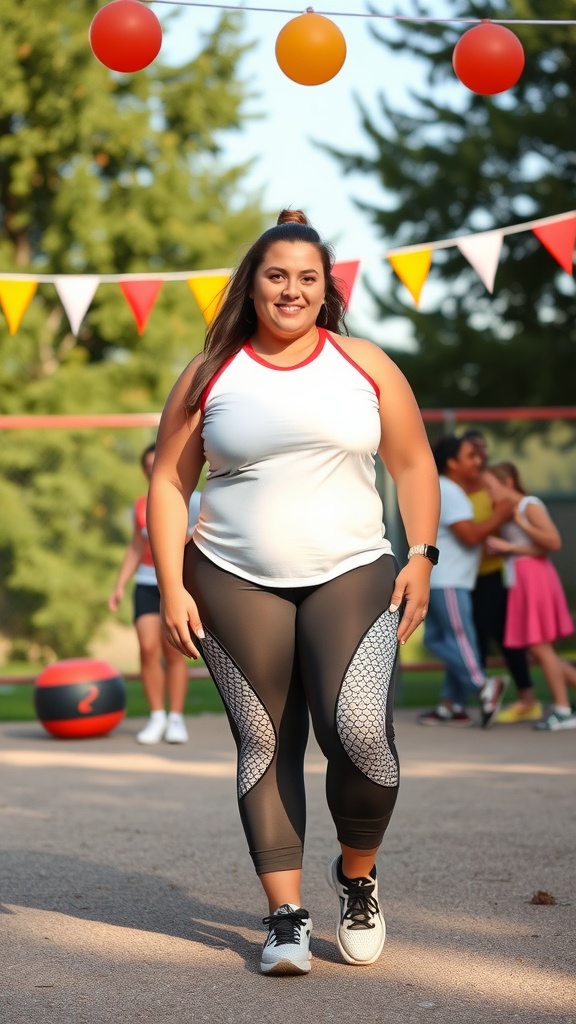 A woman in sporty attire, smiling and walking towards the camera during a lively outdoor birthday celebration.
