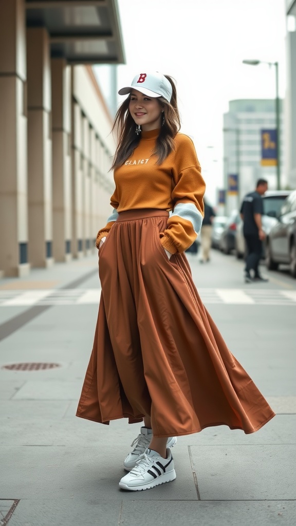 A woman wearing a brown maxi skirt, orange sweater, and white sneakers, complemented by a baseball cap, standing on a city street.