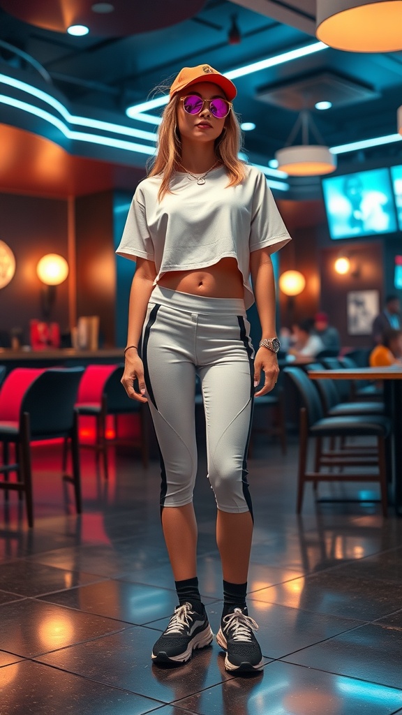 A woman in sporty chic activewear stands confidently, wearing a cropped top, leggings, a cap, and sunglasses.