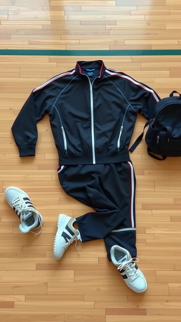 A sporty chic tracksuit with a black zip-up jacket, matching pants, stylish sneakers, and a black backpack, laid out on a wooden floor.