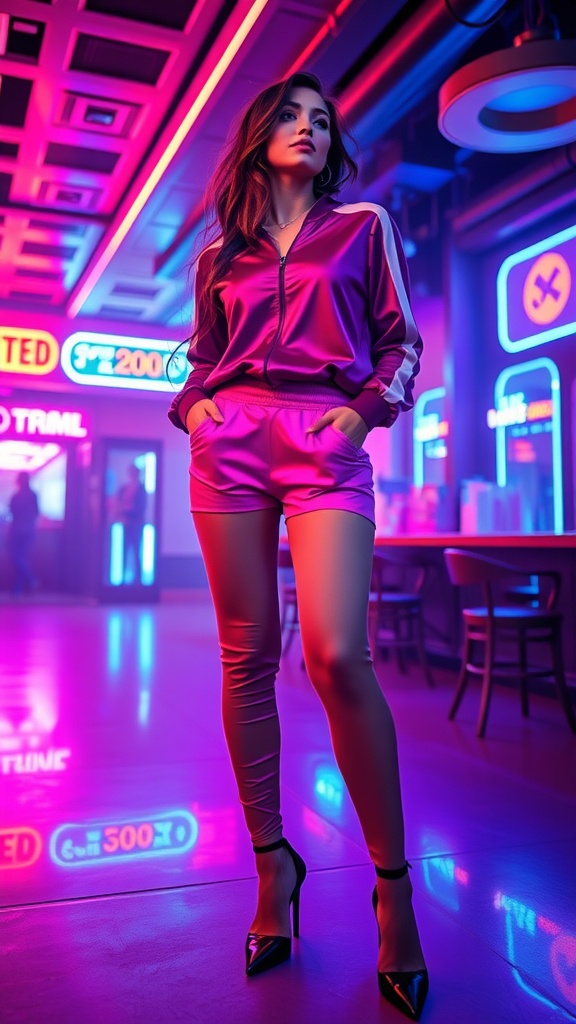A stylish individual wearing a vibrant tracksuit and high heels in a colorful urban setting.