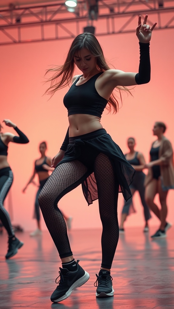 A dancer wearing a black crop top, flowing mesh overlay, and fishnet leggings, showcasing sporty chic rave fashion.