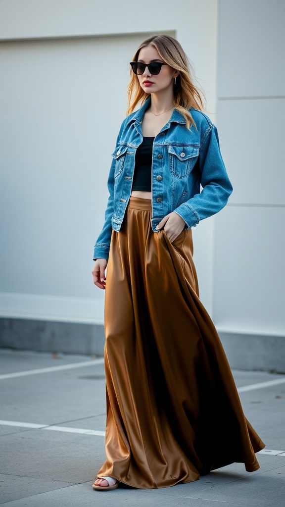 A young woman wearing a denim jacket, black top, and a satin maxi skirt, posing stylishly outdoors.
