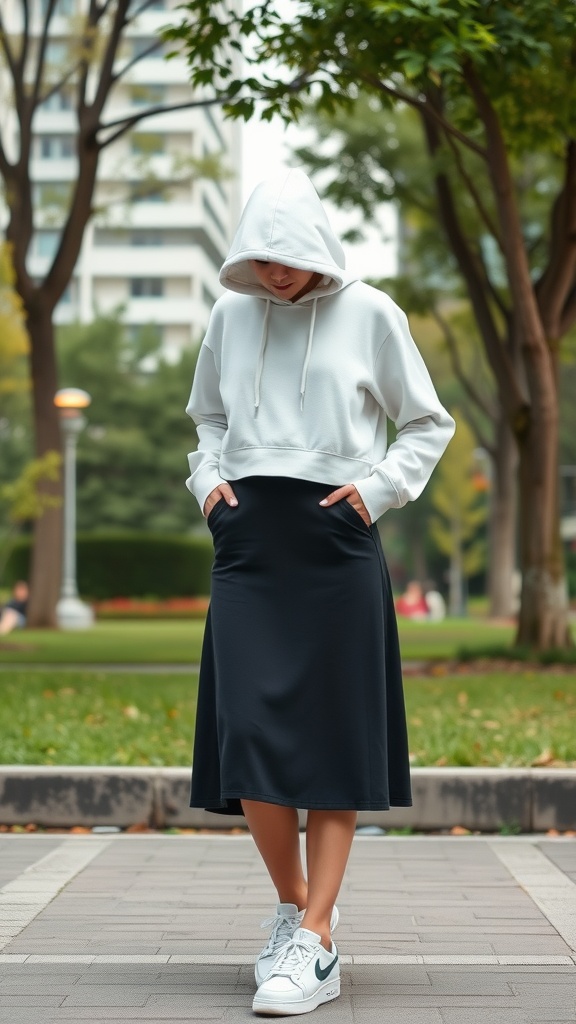 A woman wearing a cropped white hoodie and a black midi skirt, paired with white sneakers, standing in a park.