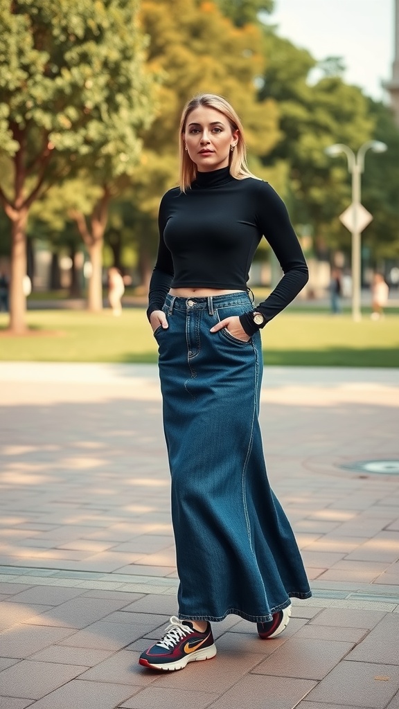 A woman in a black long-sleeve top and a denim maxi skirt, wearing colorful sneakers, stands confidently outdoors.