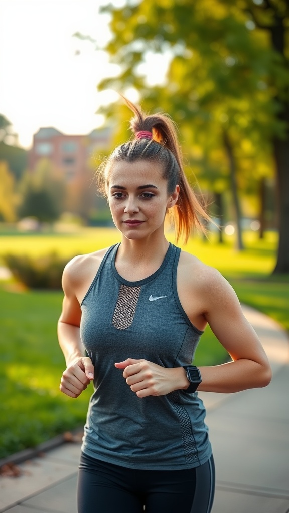 A woman jogging in a park with a sporty frontal ponytail hairstyle.