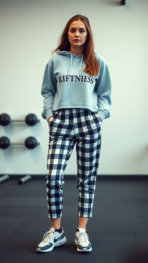 A model wearing sporty gingham pants with a hoodie and sneakers in a gym setting.