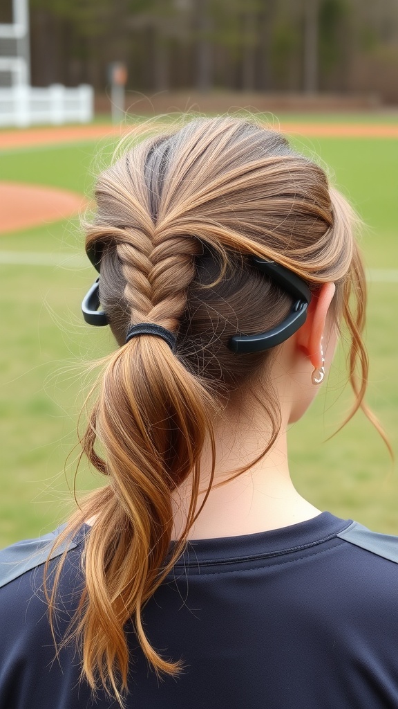 A sporty half up hairstyle featuring a braid and loose ponytail, perfect for active days.