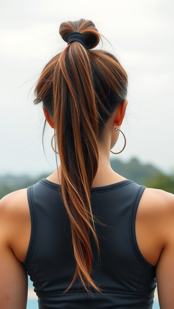 A sporty high ponytail hairstyle with faux hair, showcasing vibrant colors and a sleek look.