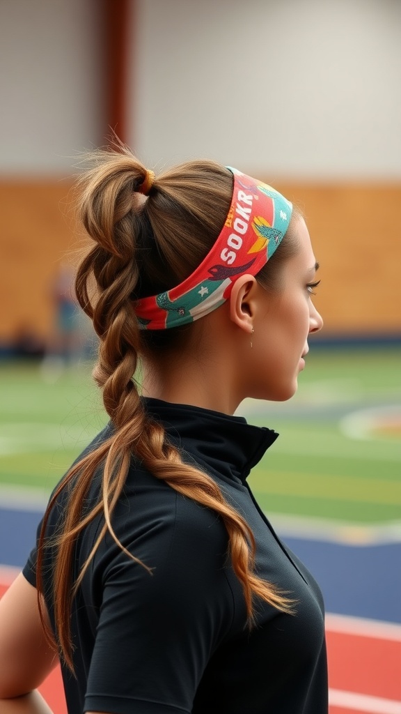A woman with a high ponytail secured with a colorful headband, showing off a braided section.
