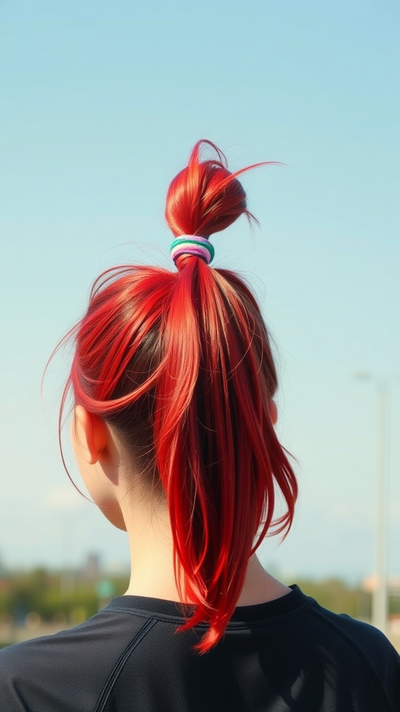 A sporty high red ponytail secured with a colorful band, seen from the back.