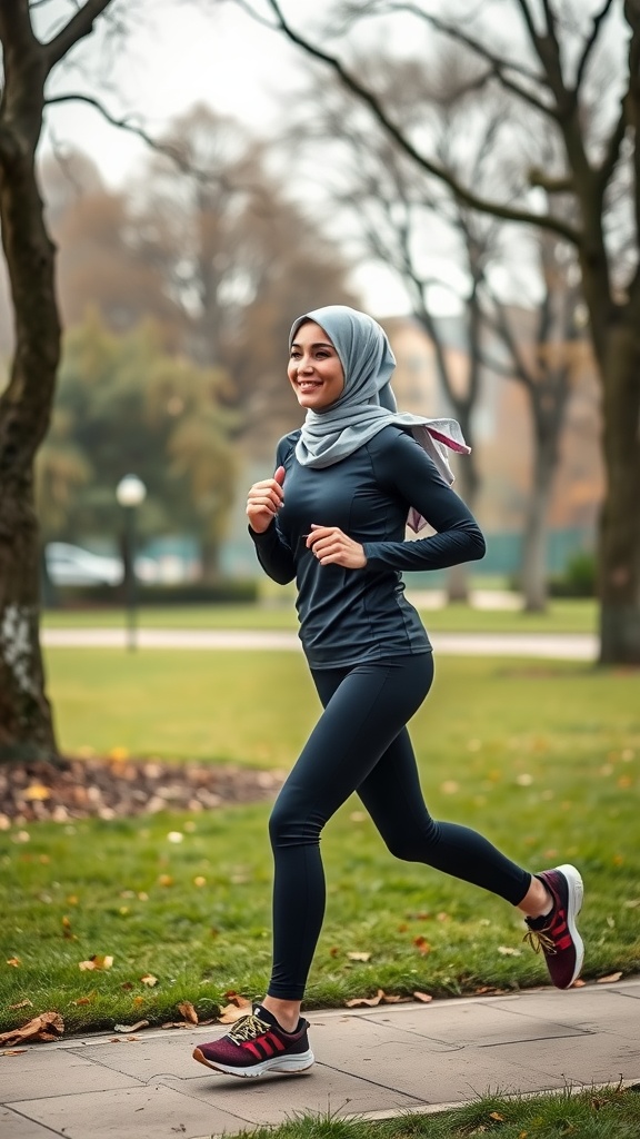 A woman jogging in a fitted athletic outfit and a light blue hijab in a park.
