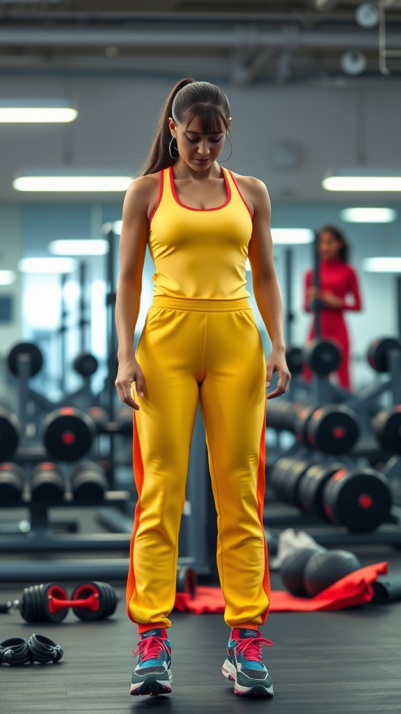 A woman in a vibrant yellow sporty jumpsuit standing in a gym setting, showcasing an active lifestyle.