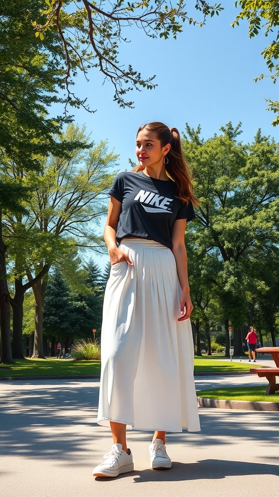 A woman wearing a black graphic tee with a Nike logo, paired with a flowing white midi skirt and white sneakers, standing in a park