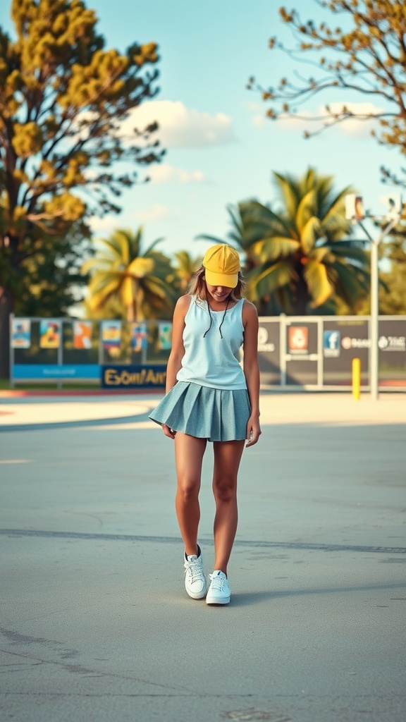 A model wearing a sporty outfit featuring a gray skater skirt, light blue top, and yellow cap, walking outdoors with palm trees in the background.