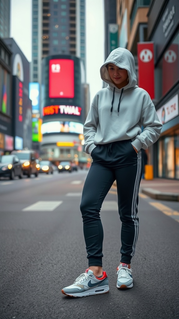 A person wearing a grey hoodie and black track pants with white stripes, standing in a city street showcasing a sporty look with stylish sneakers.