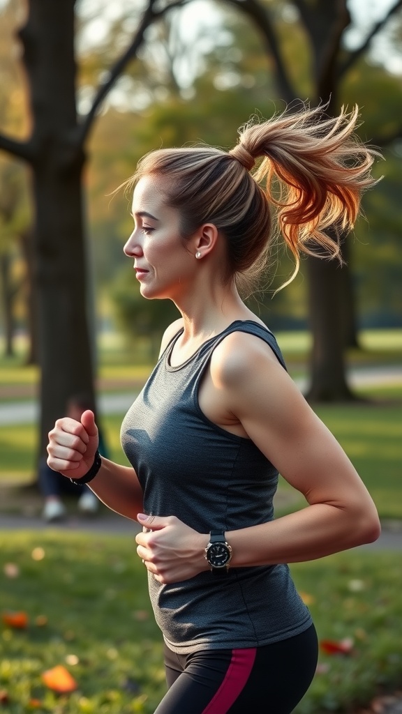 A woman jogging in a park with a sporty messy ponytail.