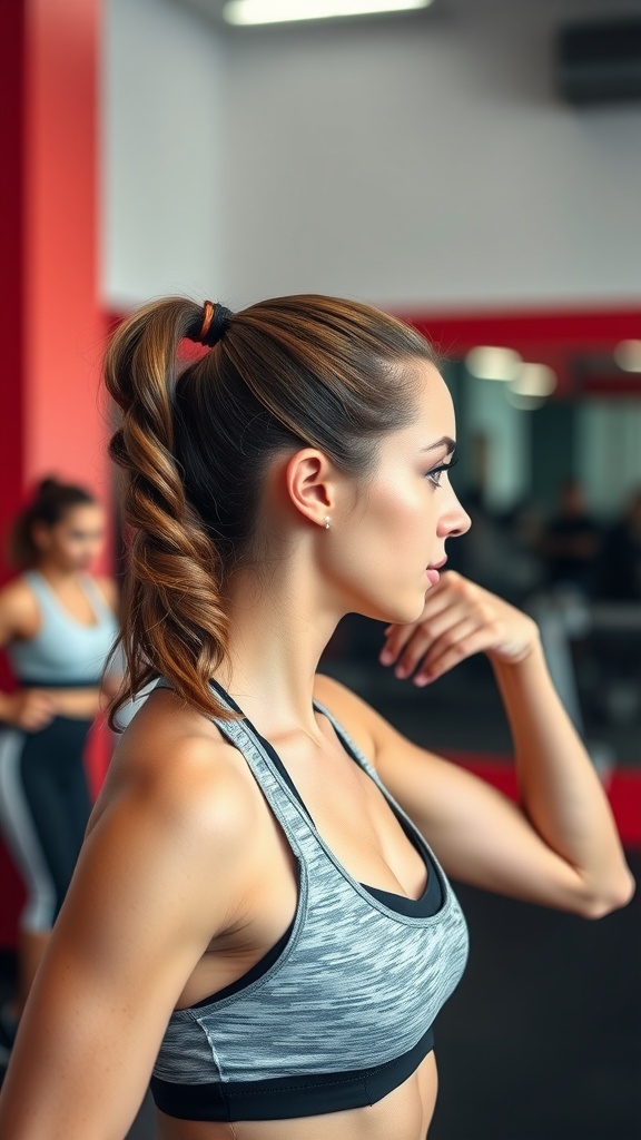 A woman with a sporty mid ponytail in a gym setting.