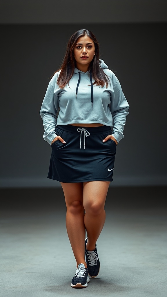 A person wearing a cropped hoodie and sporty skirt, posing confidently.