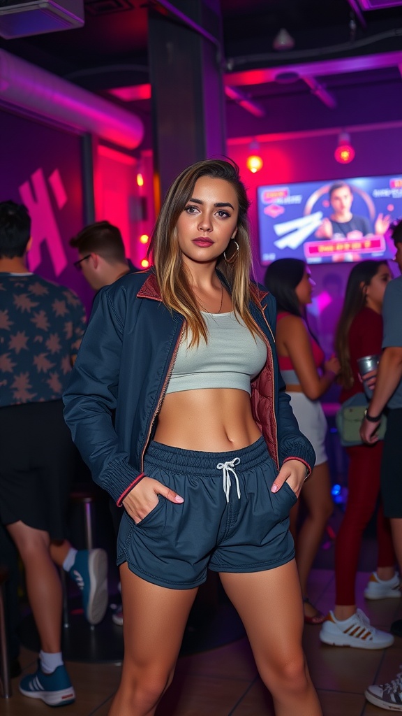 A confident woman in a sporty outfit, showcasing a trendy streetwear style in a vibrant club atmosphere.