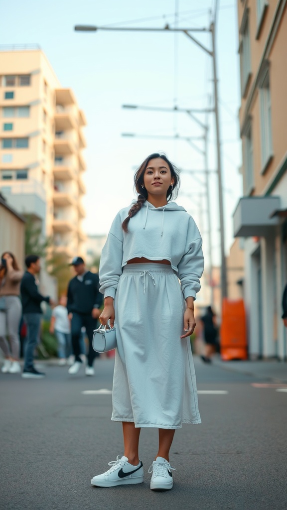 A young woman wearing a cropped hoodie and a white midi skirt, standing on a city street with casual footwear.