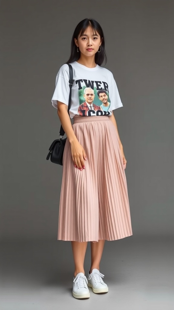 Woman wearing a graphic tee with a pleated midi skirt and sneakers, showcasing a sporty style.