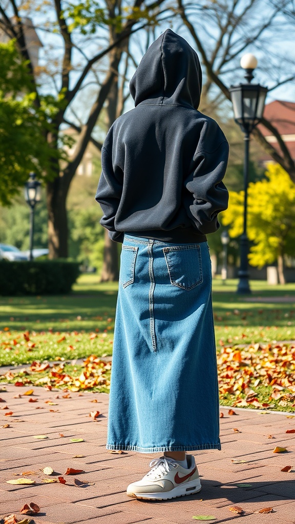 A person wearing a hooded sweatshirt and a long jean skirt in a park setting