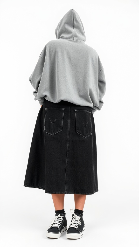A person wearing a grey hoodie with a black denim skirt and sneakers, showcasing a sporty style.
