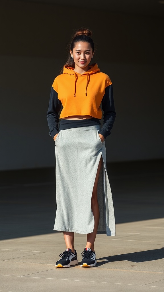 A woman wearing a sporty outfit featuring a cropped orange hoodie and a long grey skirt with a side slit, paired with sneakers.