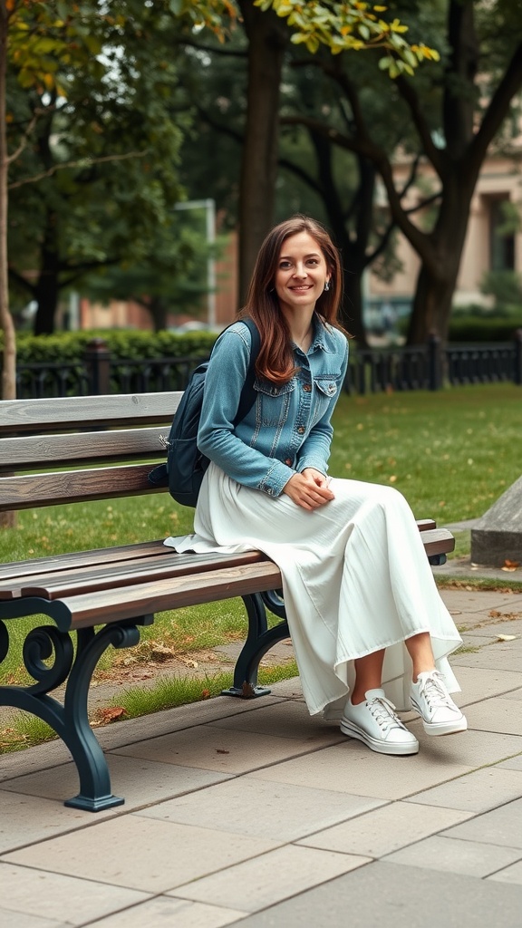 A young woman sitting on a bench wearing a white maxi skirt, a denim jacket, and sneakers, with a backpack beside her.