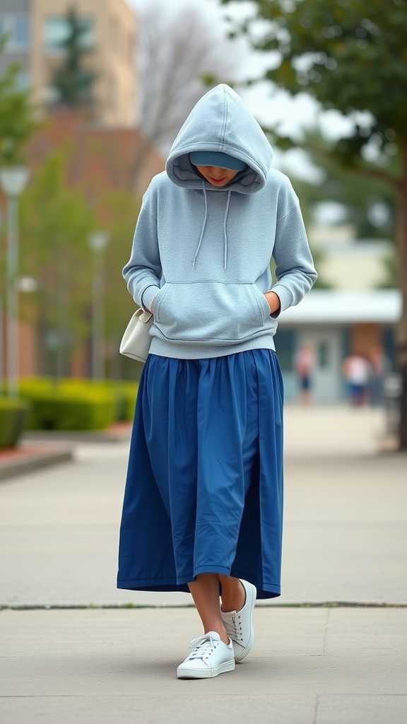 A person wearing a light blue hoodie paired with a blue maxi skirt and white sneakers, walking on a pavement.