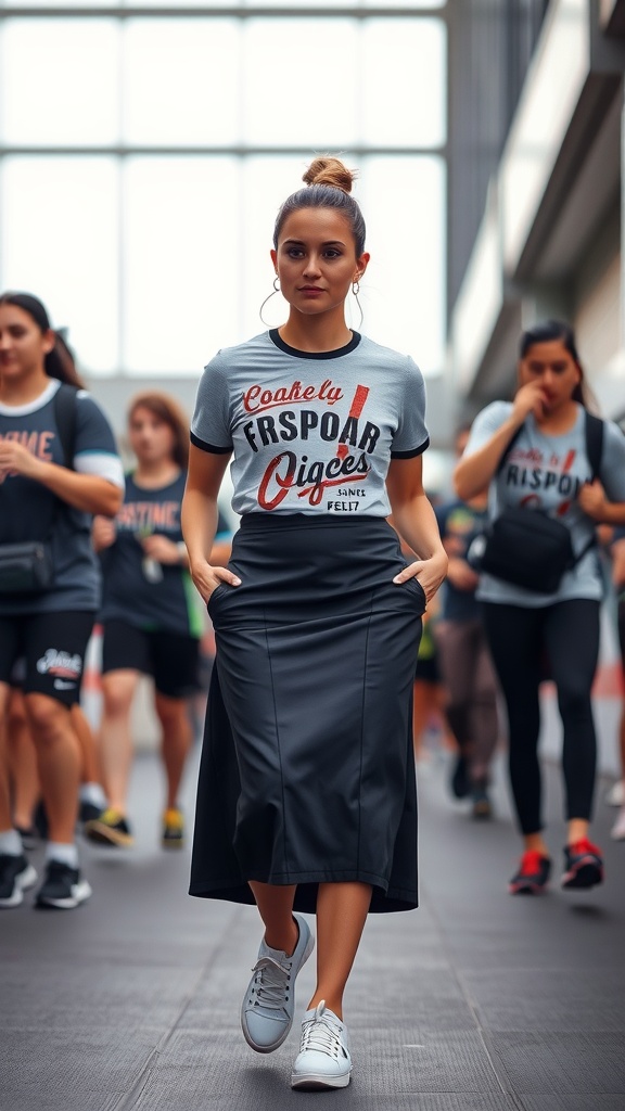 A woman confidently walking in a black pencil skirt, graphic tee, and sneakers in a busy environment.