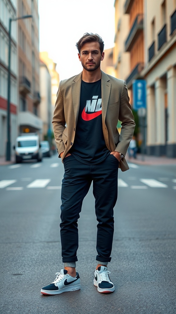 A man wearing a light brown blazer, black t-shirt with a logo, dark joggers, and white sneakers, standing in a city street.