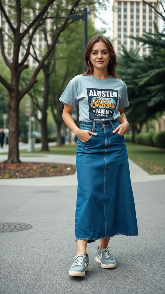 A young woman in a grey graphic tee and a long denim skirt, standing outdoors in a city setting, wearing sneakers.
