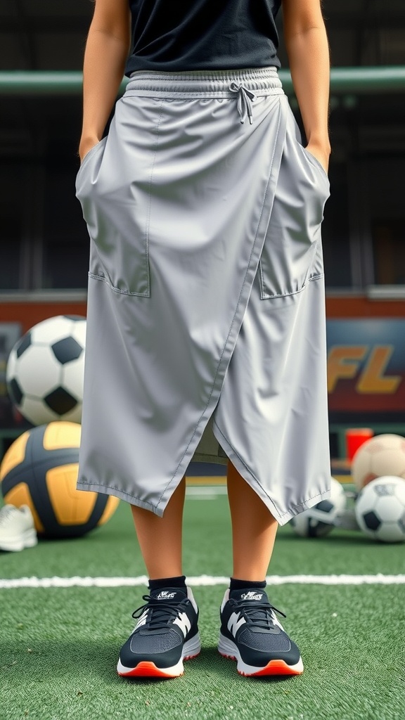 Sporty wrap skirt in gray color with pockets, worn with black sneakers.