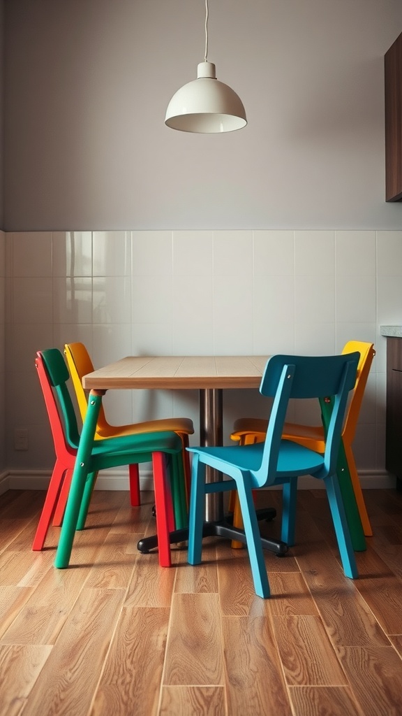 Small kitchen table with colorful stackable chairs