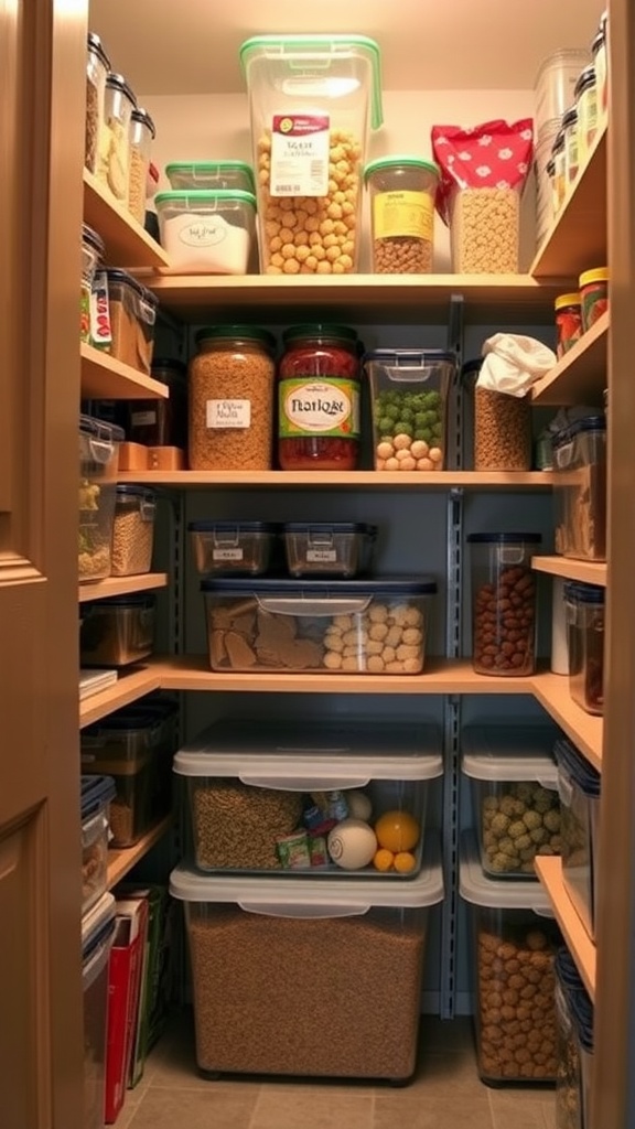 Well-organized pantry with stackable containers filled with various food items.