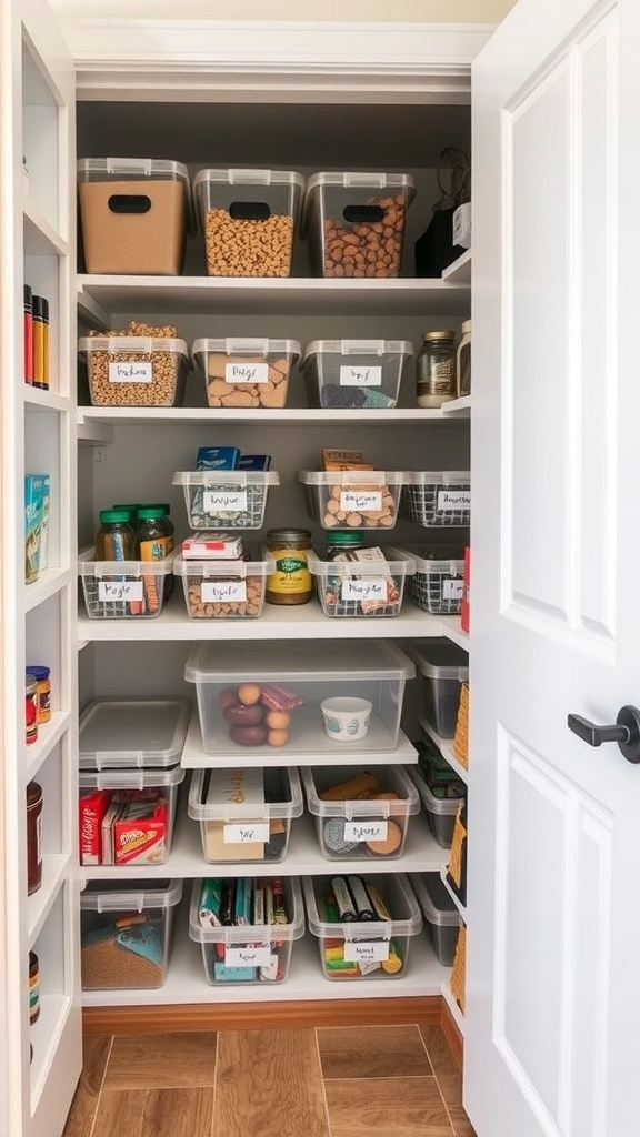 Organized pantry with stackable storage bins clearly labeled