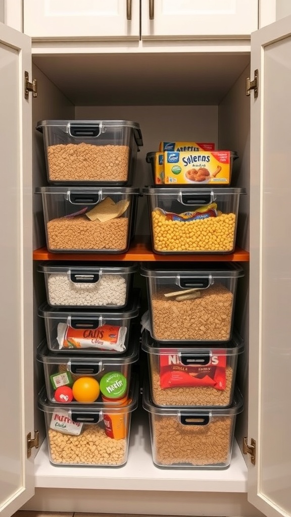 A kitchen cabinet filled with stackable storage bins containing various snacks and cereals.