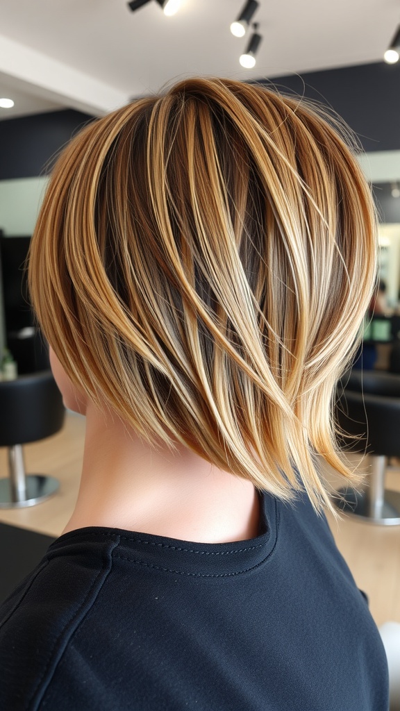 A close-up view of a stacked bob hairstyle showcasing layers and highlights, suitable for thin fine hair.