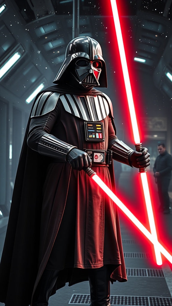 A person dressed as Darth Vader, holding two red lightsabers in a futuristic setting.