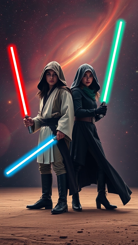 A Jedi in light robes with a blue lightsaber and a Sith in dark robes with a red lightsaber, standing in space