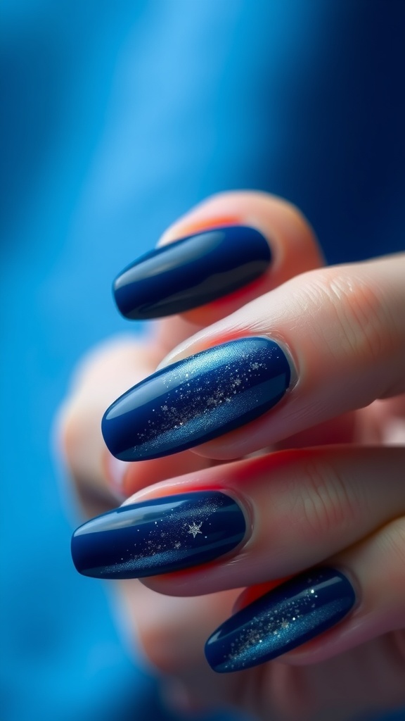 Nails with a starry night gradient design in dark and light blue shades.