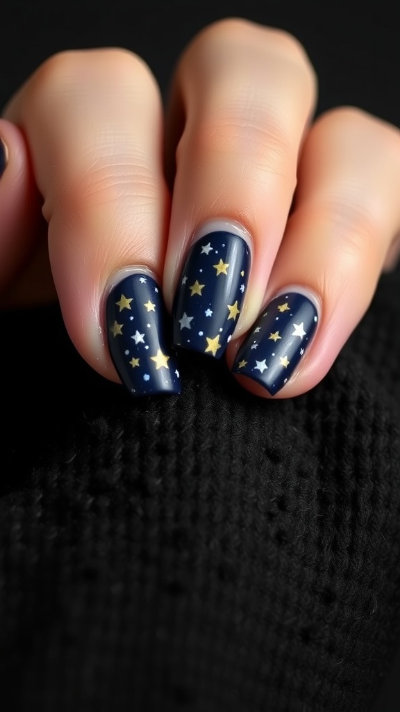 Nails painted in a deep blue color with gold and white star designs.