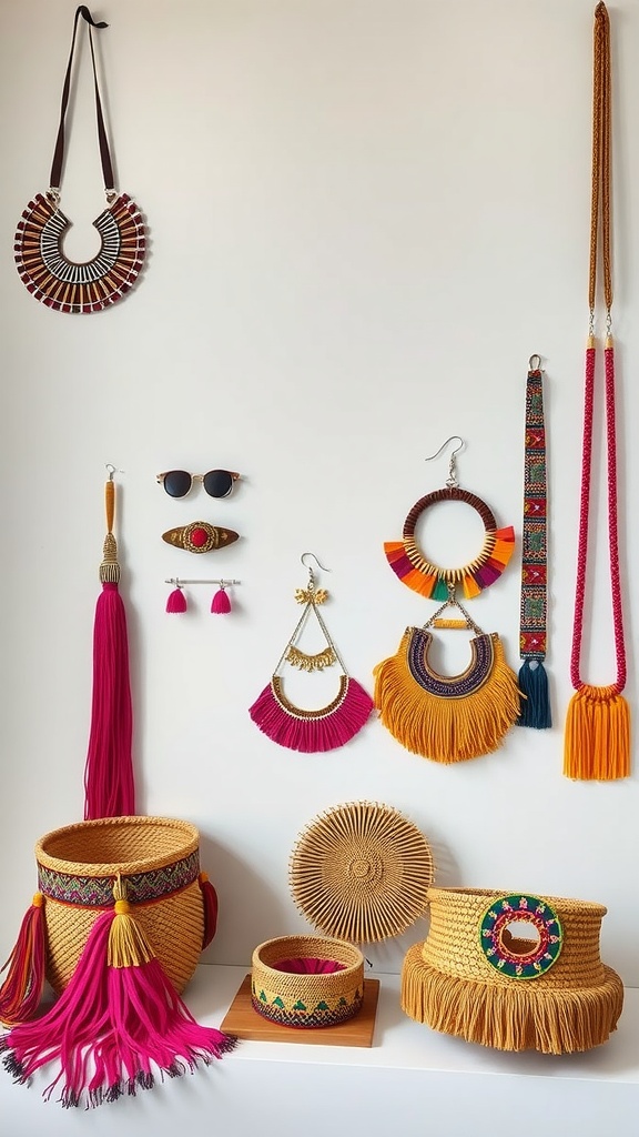 Colorful Mexican jewelry and woven baskets displayed on a wall