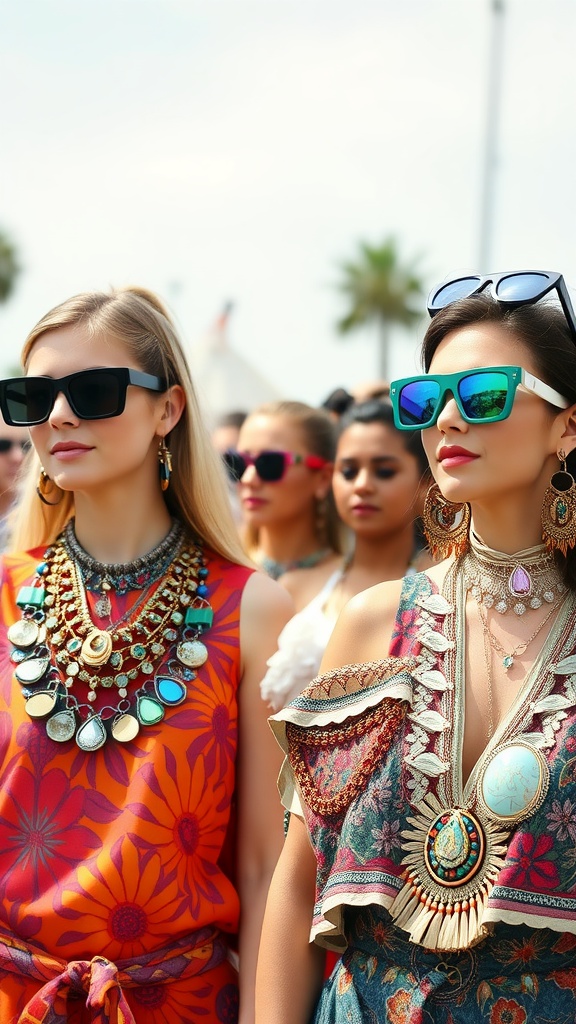 Two women at a festival wearing bold accessories and sunglasses, showcasing unique styles.