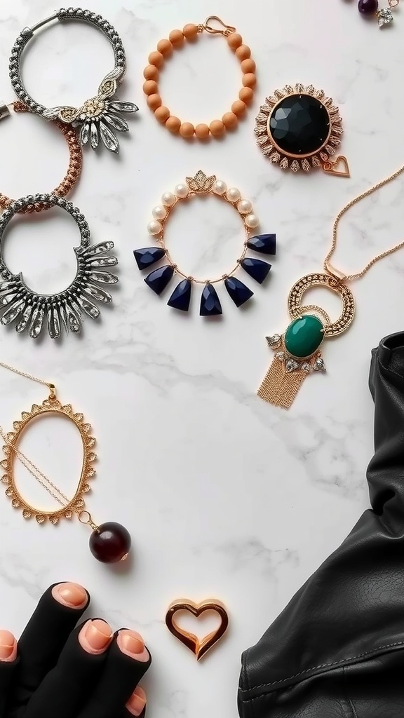A variety of statement jewelry pieces including necklaces, bracelets, and earrings arranged on a marble surface.